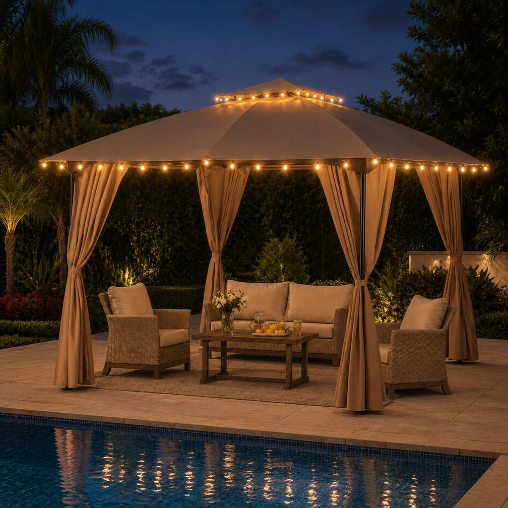 LAUSAINT HOME 10x10 Patio Arc Gazebo with 50ft Lights Outdoor Canopy Tent with Curtains, Soft Top Party Shelter with Expansion Bolts and Wind-Resistant Ropes for Backyard, Garden, Lawn, Deck, Khaki