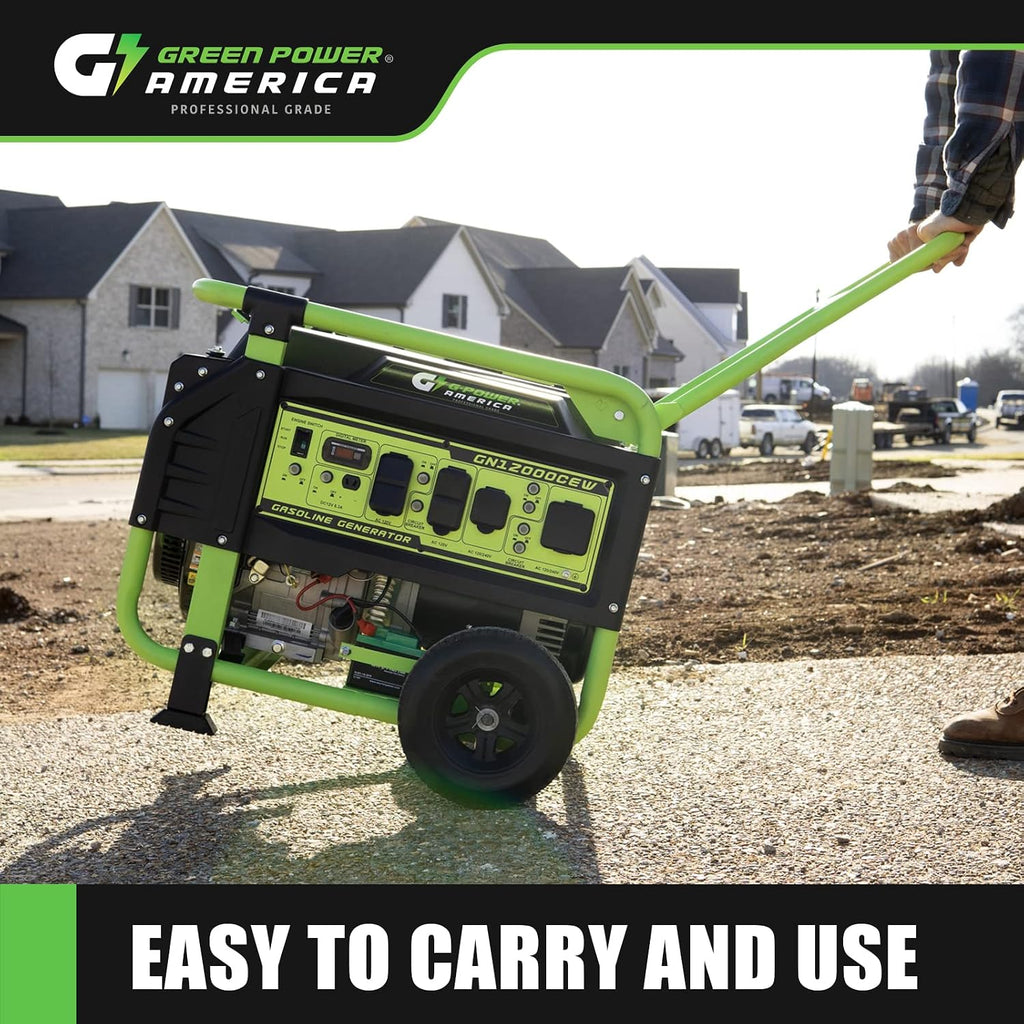 Green-Power America 12000 Watt Gasoline Powered Portable Generator, Recoil/Electric Start, 12V-8.3A Charging Outlets, Home Back Up & RV Ready, 49 State Approved