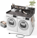 Upgraded 2-Tier Washer and Dryer Countertop with Power Outlet,54' W x 27.6' D Large Laundry Countertop for Fold Clothes, Laundry Topper with Non-Slip Pads & Metal Hooks and Storage Basket