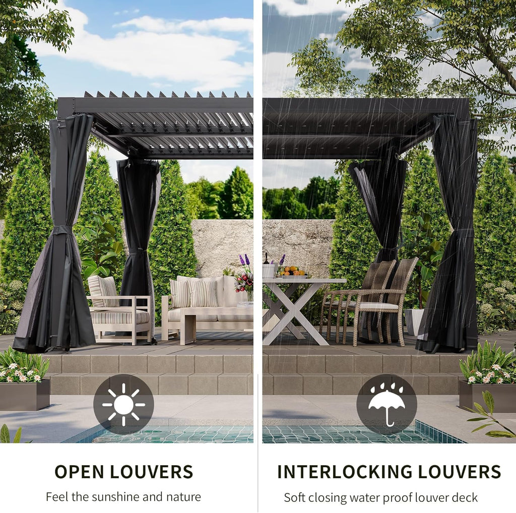 10' × 20' Louvered Pergola, Outdoor Aluminium Canopy with Adjustable Roof Curtains and Netting for Patio, Deck, Garden, Yard, Beach. (Black)