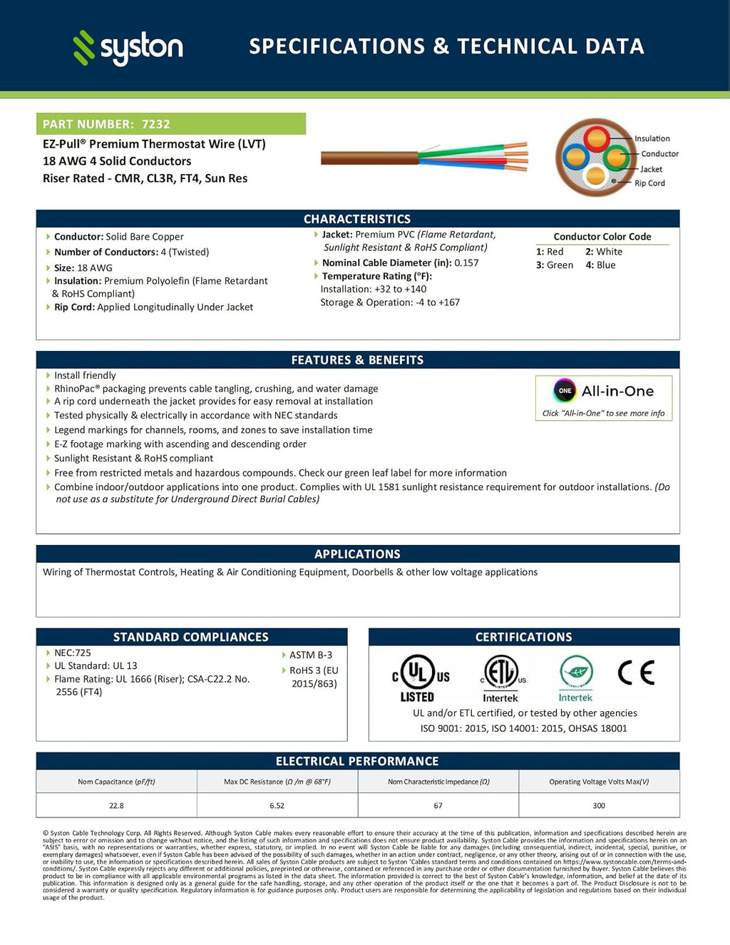 Syston 18/4 Thermostat Doorbell HVAC Heating Control Cable Wire, 100% Solid Copper Conductors CL3R/FT4/CMR Riser-Rated UL/ETL Listed, UV Resistant RoHS for Indoor/Outdoor Low Voltage Applications Use
