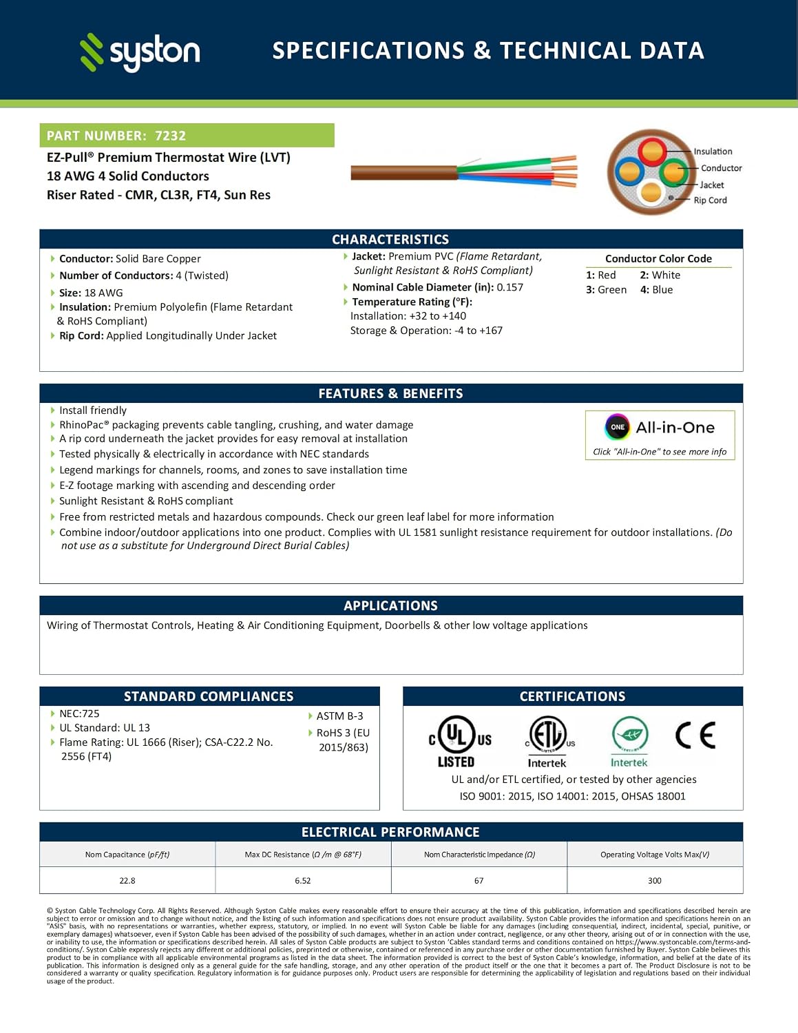 Syston 18/4 Thermostat Doorbell HVAC Heating Control Cable Wire, 100% Solid Copper Conductors CL3R/FT4/CMR Riser-Rated UL/ETL Listed, UV Resistant RoHS for Indoor/Outdoor Low Voltage Applications Use
