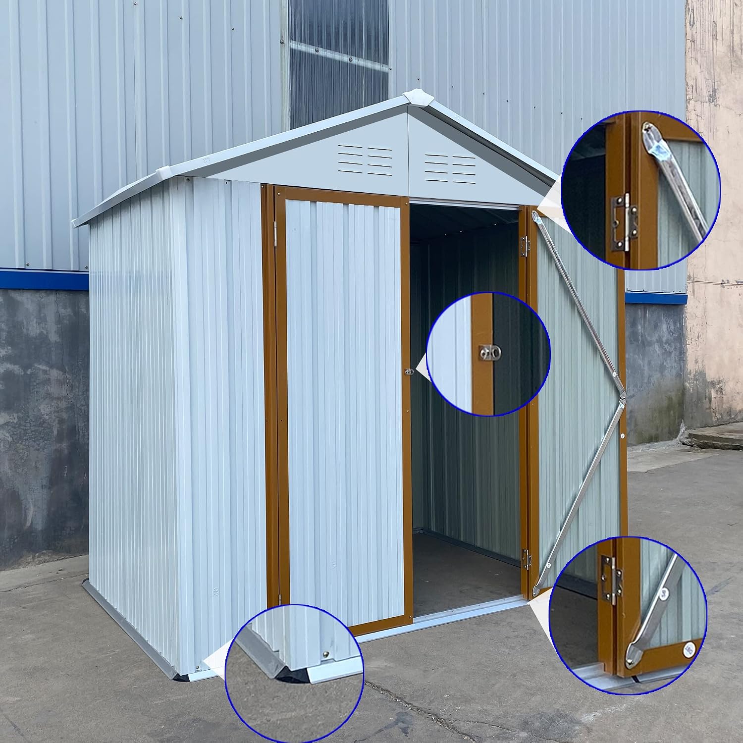 4x6 FT Outdoor Metal Storage Sheds with Apex Roof,Single-Storey Waterproof Roofed Structure Garden Shed w/Lockable Doors,for Lawn Equipment Tool Sundries,White+Yellow