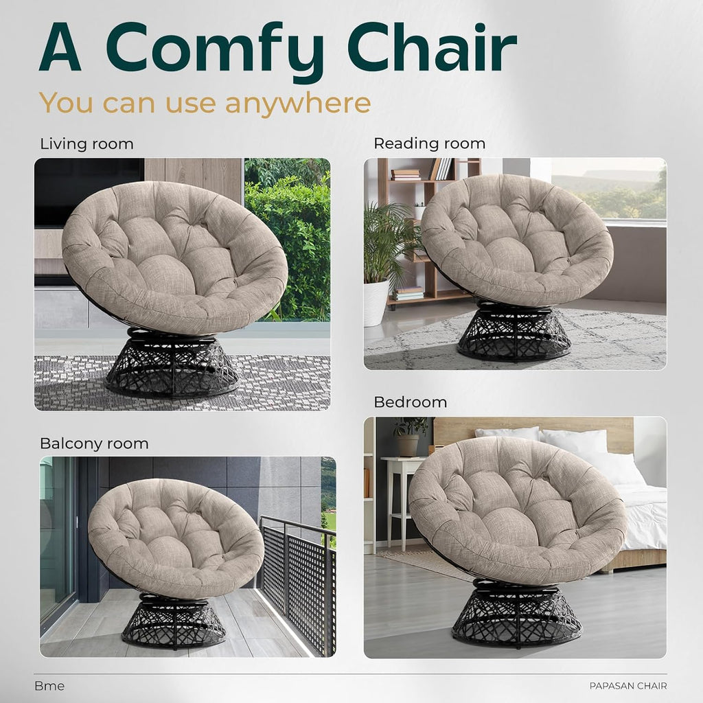 Bme 40' Ergonomic Wicker Papasan Chair with Soft Thick Cushion & Frame, 360° Swivel Papasan Chair, Circle Chair, Reading Chair, Chair for Living Room, Bedroom, Silver Cloud - Black Frame