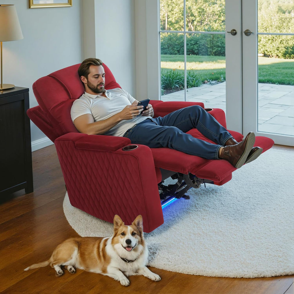 MCombo Zero Gravity Oversized Power Recliner Chair for Adults with Power Headrest & LED Light, Fabric Recliner Chair for Living Room & Home Theater, USB & Type C Port, Armrest Storage HTS401