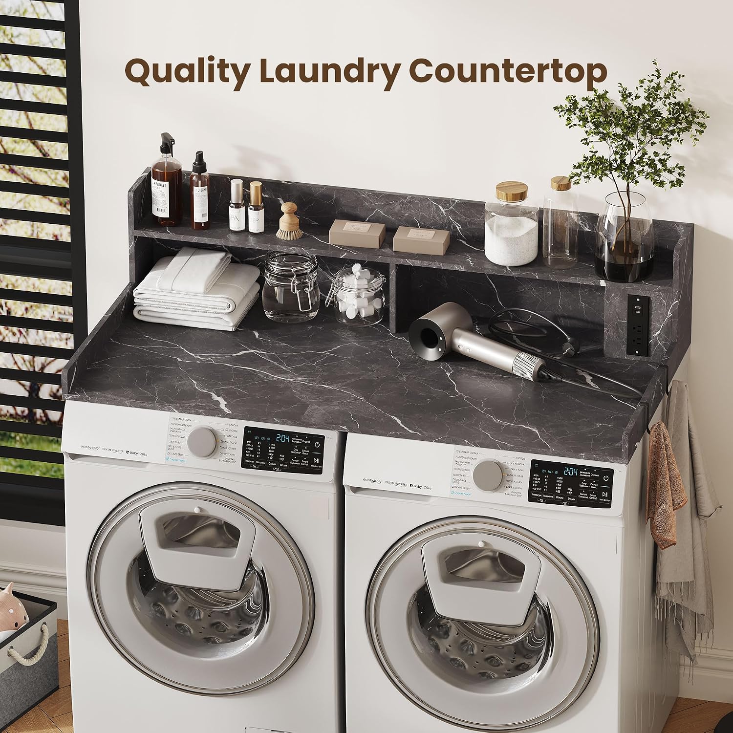Upgraded 2-Tier Washer and Dryer Countertop with Power Outlet,54' W x 27.6' D Large Laundry Countertop for Fold Clothes, Laundry Topper with Non-Slip Pads & Metal Hooks and Storage Basket