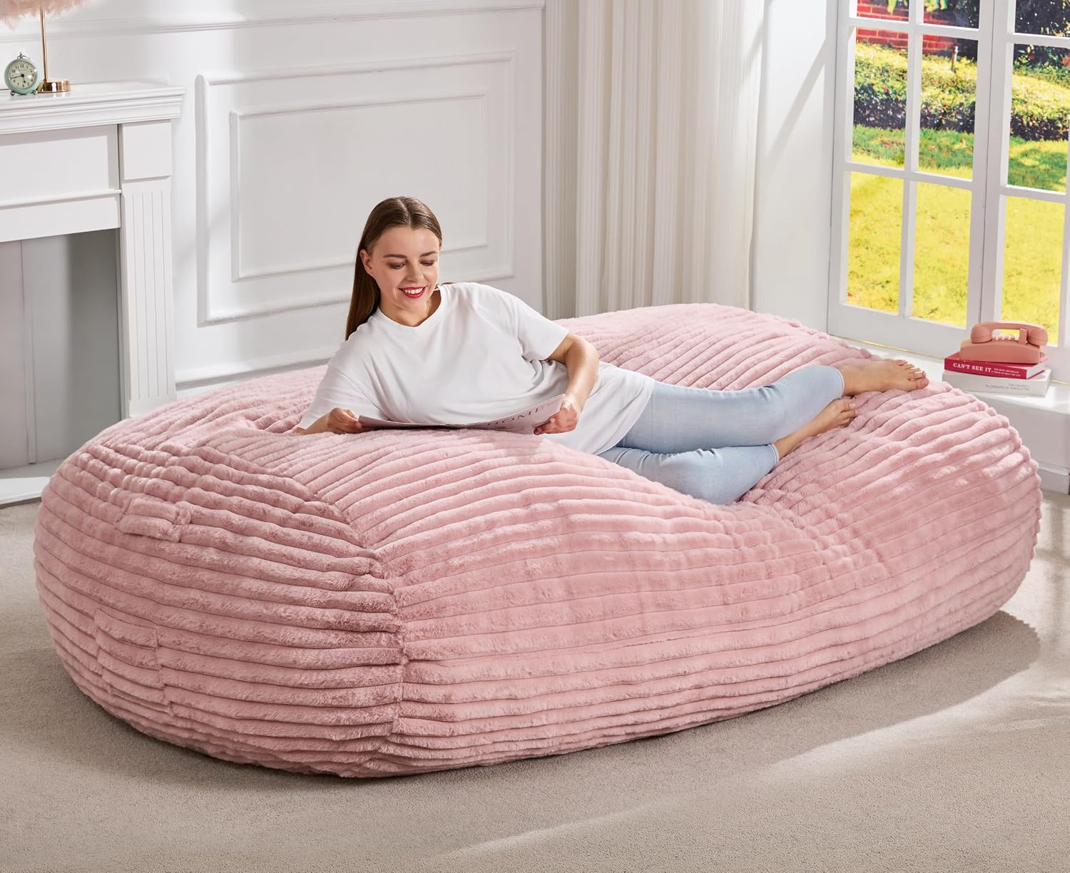 Hobestluk 6FT Bean Bag Chairs Adult Bean Bag with Portable Handle Comfy Large Bean Bag Lounge Chair with Removable Cover for Living Room Bedroom (Stripe Pink, 6FT)