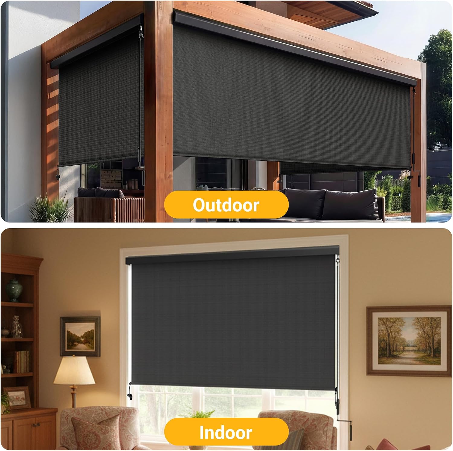 Integrated Outdoor Roller Shade, 6'W x 8'H Assembly Free Outdoor Patio Blinds with 420GSM Upgraded Fabric for 95% UV Blockout, Cordless Patio Shade, Sun Shades Outdoor Patio for Porch, Gazebo,Balcony