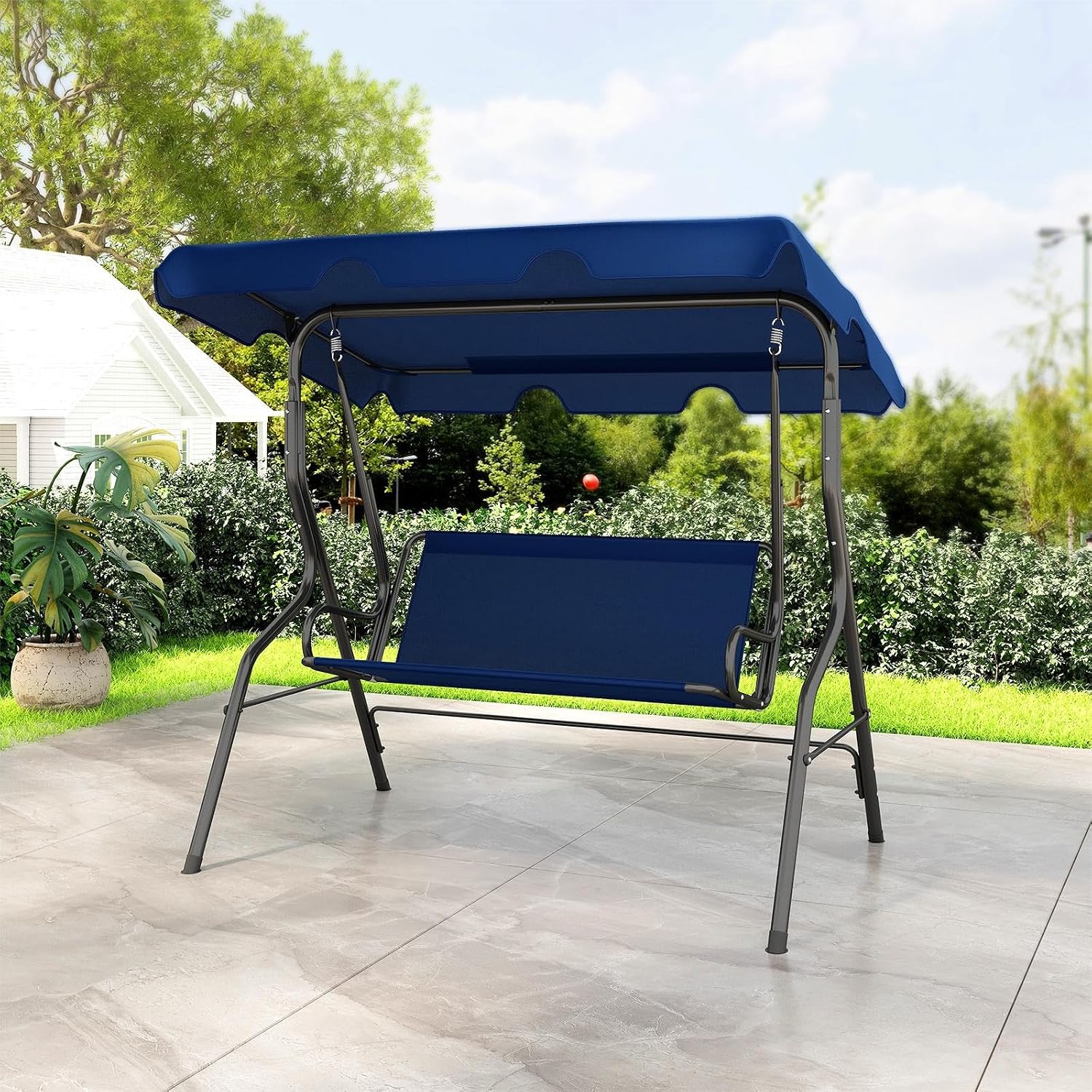 DREAMADE Porch Swing Outdoor, 3 Person Patio Swing w/Removable Cushion, Stand & Adjustable Canopy, Heavy Duty Swing Chair for Patio, Garden, Courtyard, Poolside