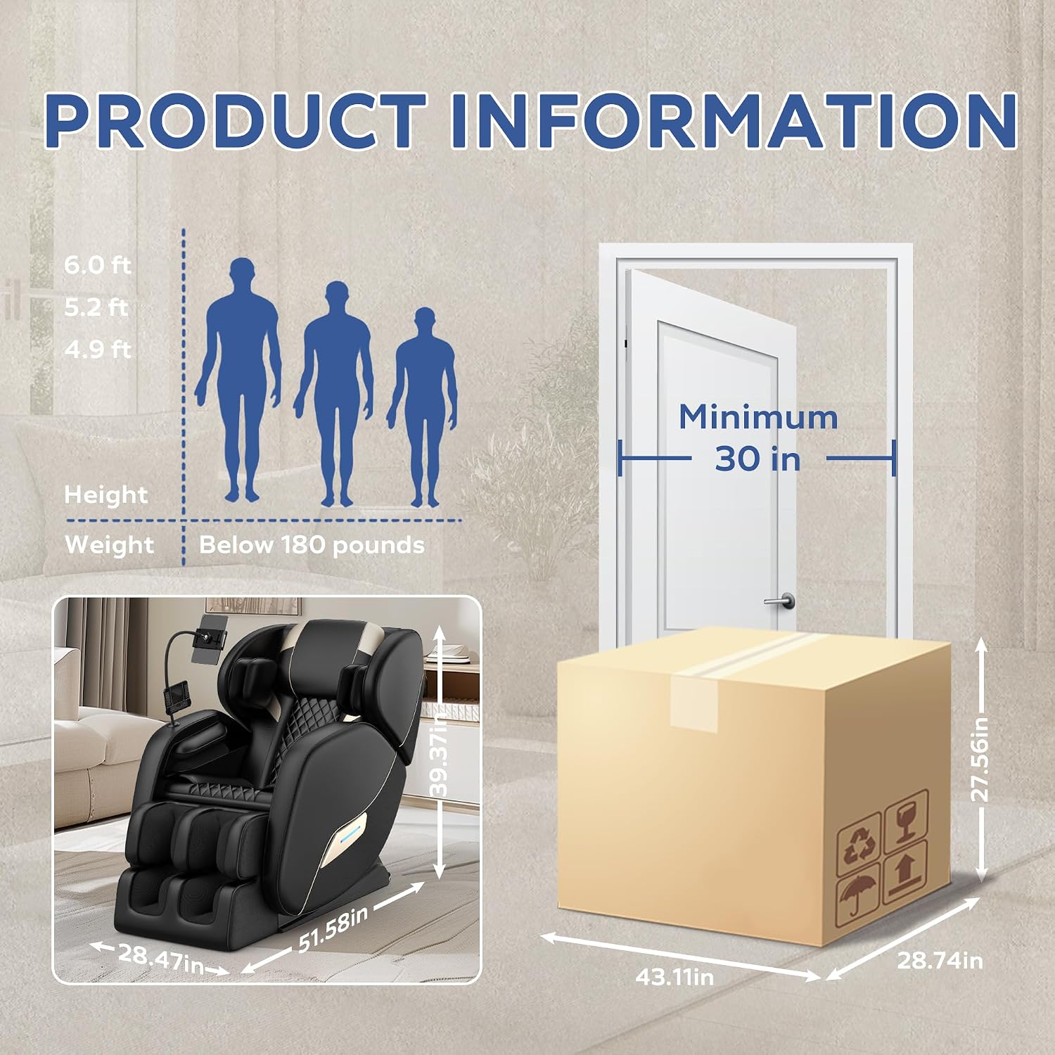 Zero Gravity Massage Chair Recliner with 8 Roller Heads, Full Body Air Pressure System, Heated Waist and Legs, Foot Roller Therapy, Bluetooth Audio, Automatic Programs for Home Office, Black
