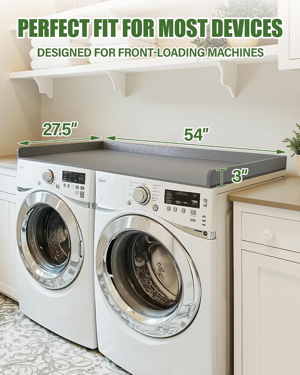 Premium HDPE Washer and Dryer Countertop 54'x27.5' – Waterproof washer dryer topper for Laundry Room Organization, Washer Dryer Countertop for Folding Clothes, Sorting & Extra Storage，Warm Grey