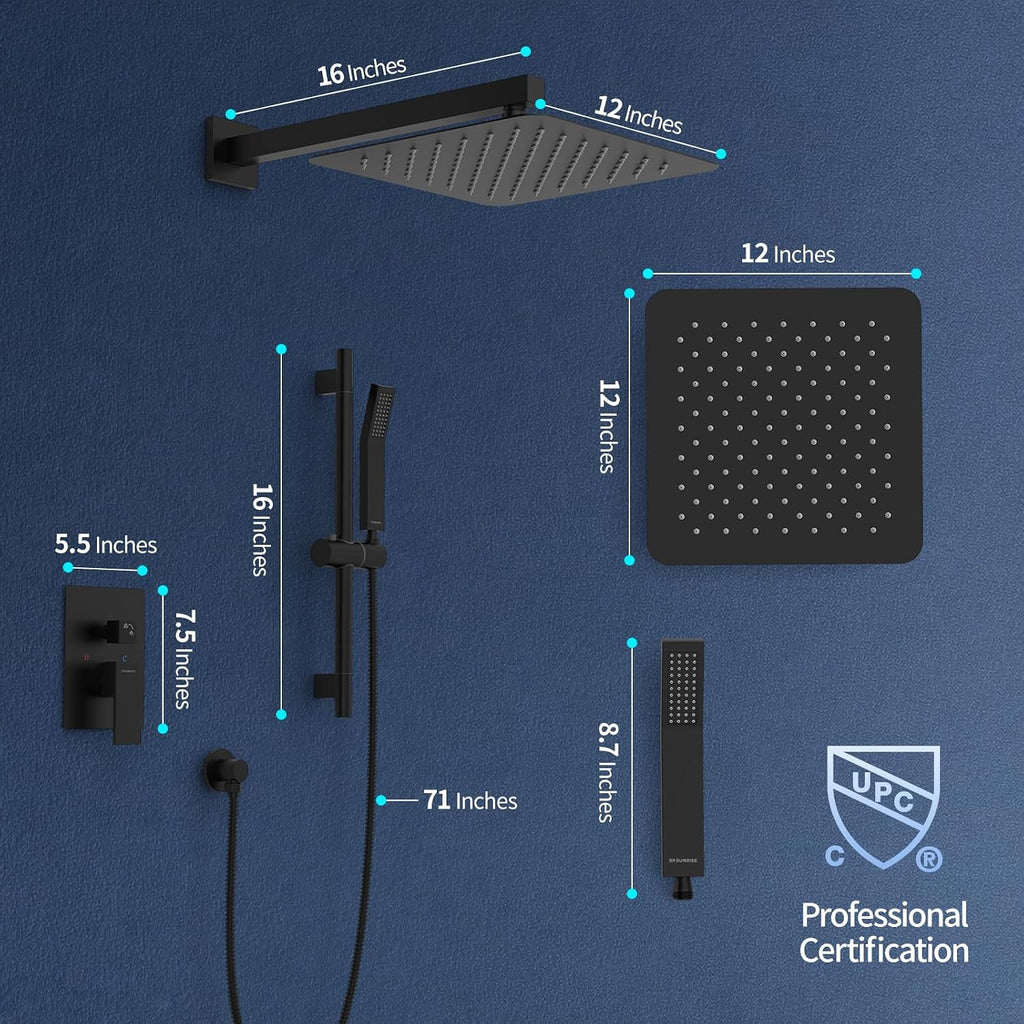 SR SUN RISE 12 Inch Slide Bar Shower Faucet Luxury High Pressure Shower Heads and Handheld Spray Combo Set Wall Mounted Shower System Included Valve and Trim Kit, Matte Black