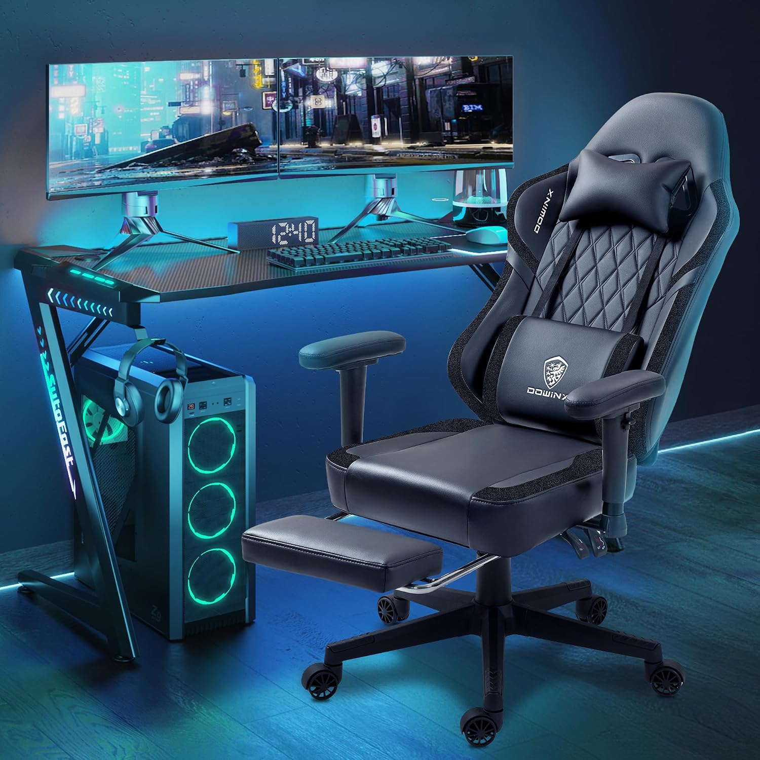 Dowinx LS-66T50EJP Gaming Chair with Pocket Spring Cushion and Hanger, Massage Game Chair Pu Leather with Headrest, Ergonomic Computer Chair with Footrest 300lbs for Adult, Black Grey
