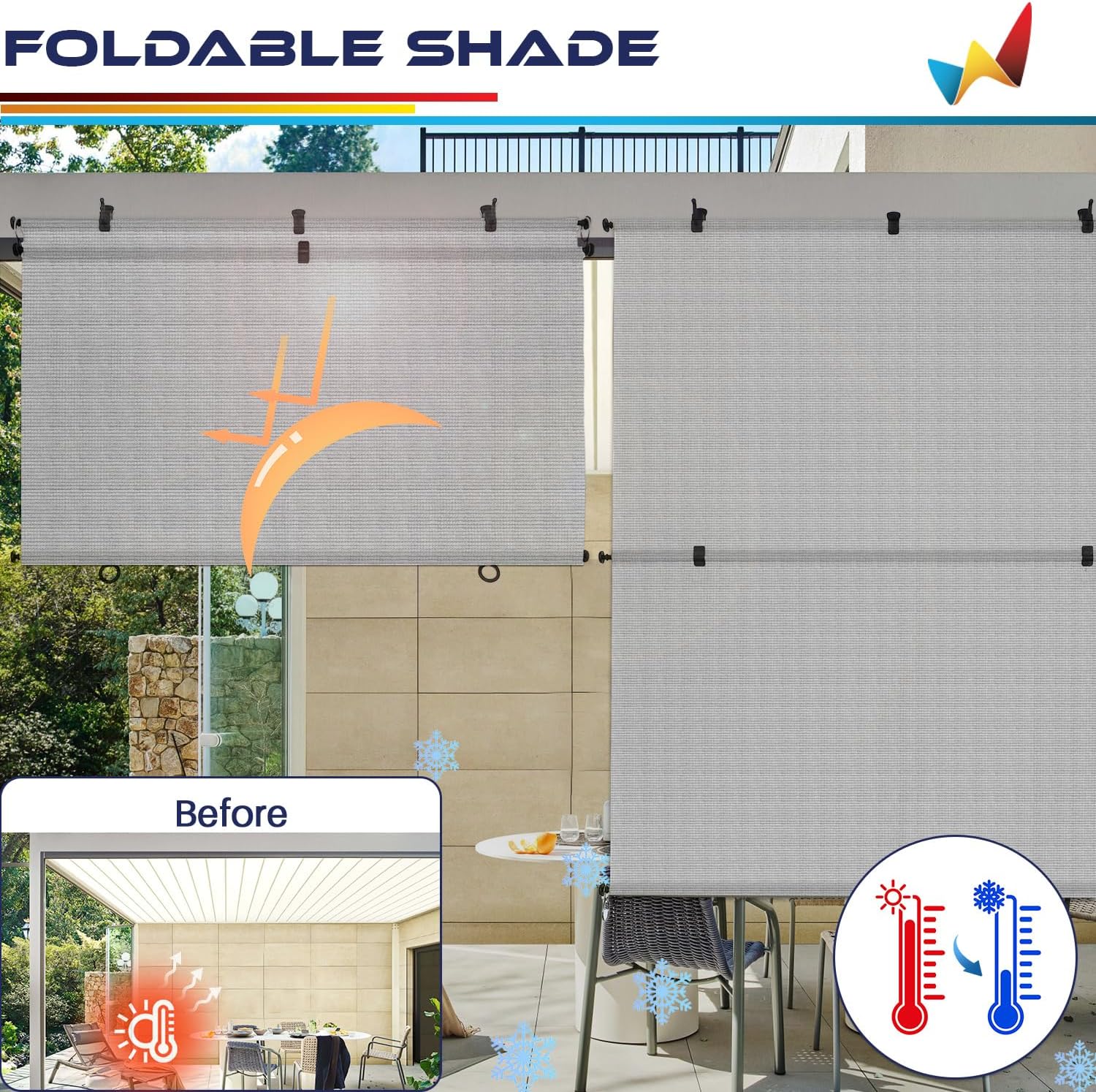Windscreen4less 8'W x 10.5'H Outdoor Roll Up Foldable Shade Fabric UV Blockage Roller Shade for Deck Pergola Yard Gazebo Patio (Gray)
