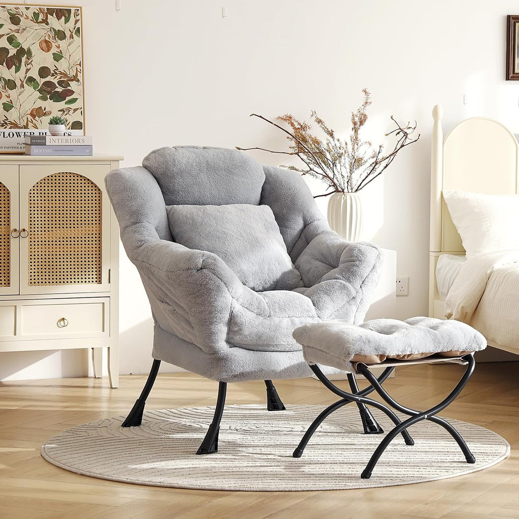 Lazy Chair with Ottoman, Large White Gray Lounge Accent Chair with Ottoman and FA Throw Pillow, Comfy Plush Reading Chair for Living Room Bedroom Dorm Room Office Apartment Relaxing Use