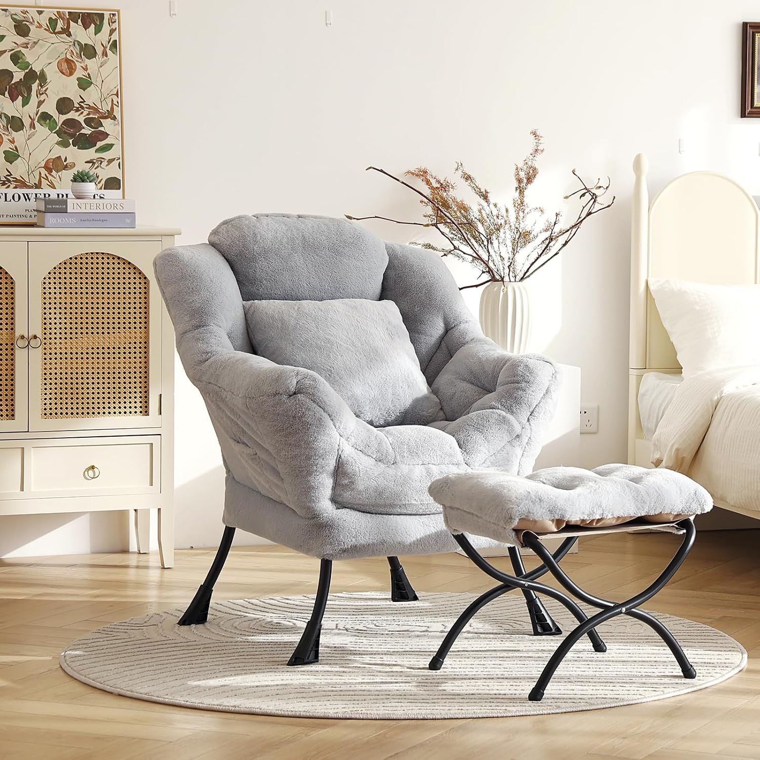 Lazy Chair with Ottoman, Large White Gray Lounge Accent Chair with Ottoman and FA Throw Pillow, Comfy Plush Reading Chair for Living Room Bedroom Dorm Room Office Apartment Relaxing Use