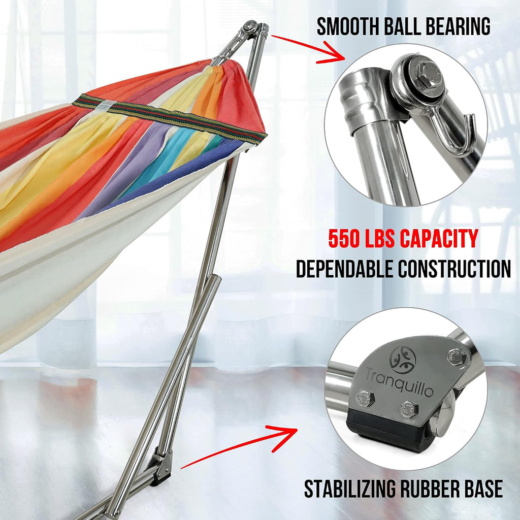 Tranquillo Double Hammock with Stand 550lb Capacity Double Hammock with Spreader Bar, Solid Grade 201 Stainless Steel 30s Set Up, Sturdy Flexible Hammock Stand Portable, Outdoor Indoor, Rainbow