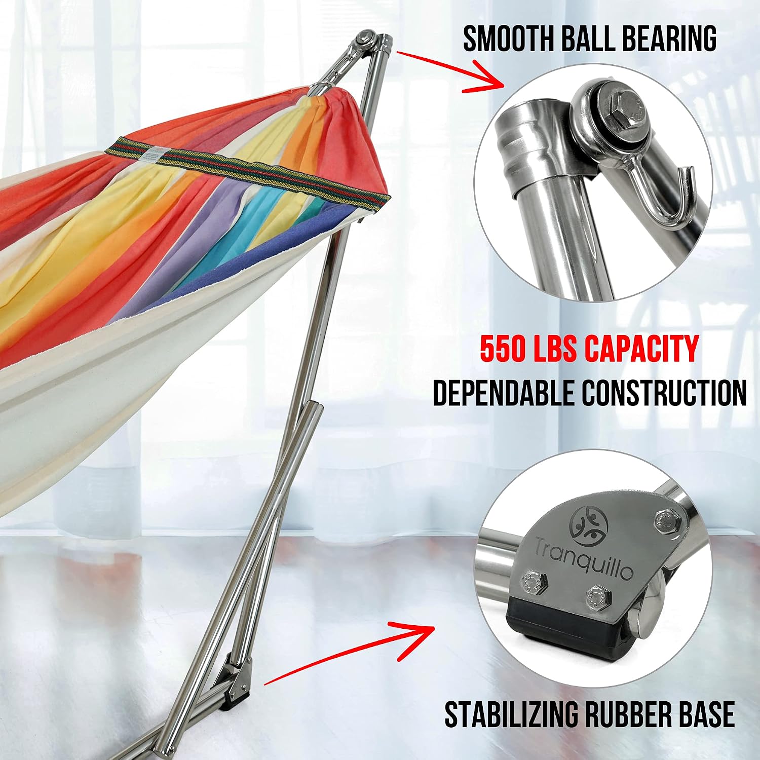 Tranquillo Double Hammock with Stand 550lb Capacity Double Hammock with Spreader Bar, Solid Grade 201 Stainless Steel 30s Set Up, Sturdy Flexible Hammock Stand Portable, Outdoor Indoor, Rainbow