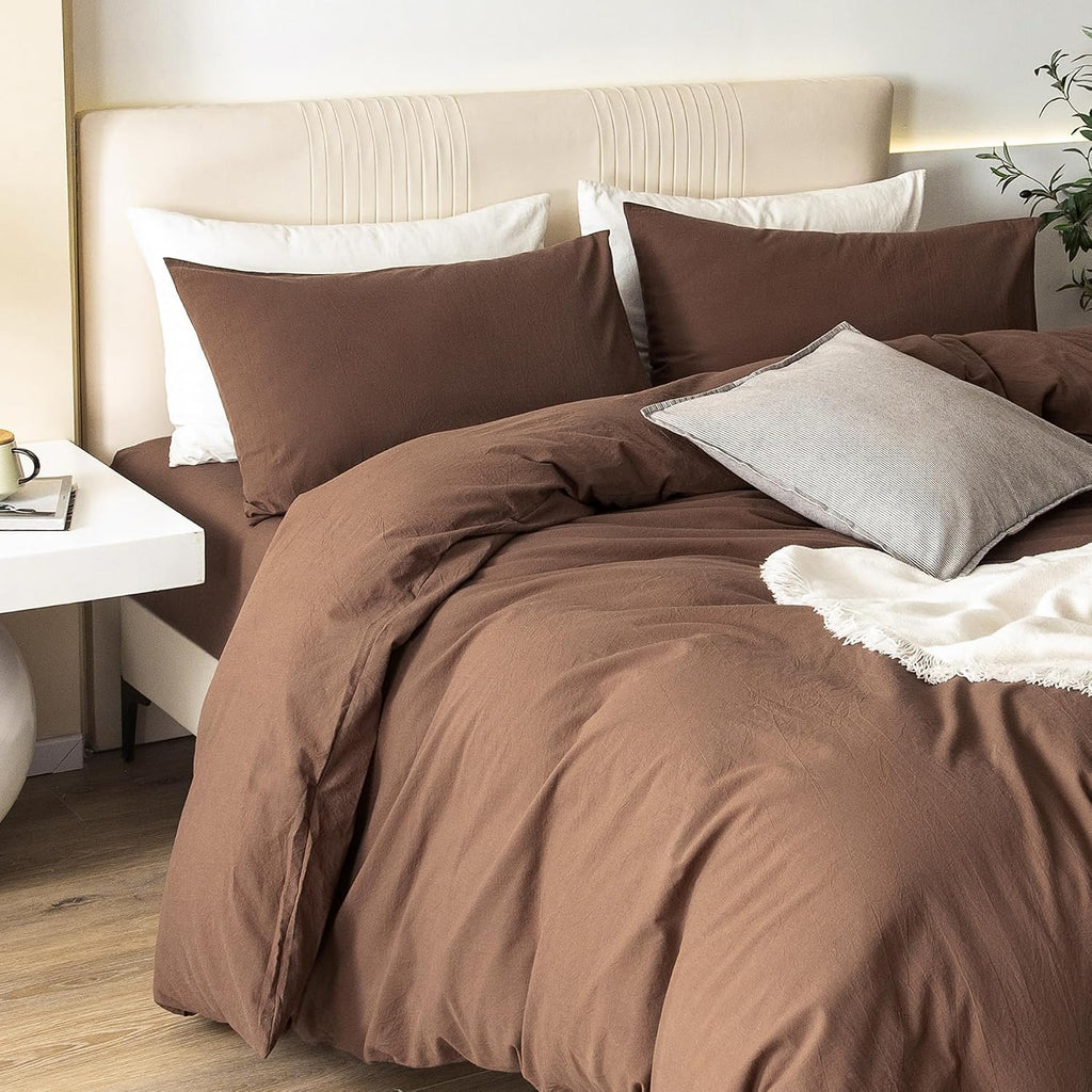 JIYUAN Alaska King Duvet Cover Set, 3-Piece - 100% Washed Cotton, Linen-Like Soft & Breathable with Zipper Closure, Includes 132x120 Inch Cover & 2 Pillowcases, Solid Chocolate Brown