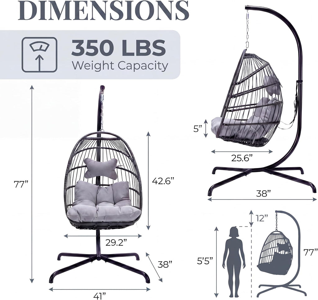 BULEXYARD Patio Egg Chair for Outside, Foldable Eggshell Swing with Stand, 350 Lbs Cushioned Hammock Chair with Comfy, Water-Resistant Wicker Hanging Basket for Balcony Garden Bedroom, Light Grey