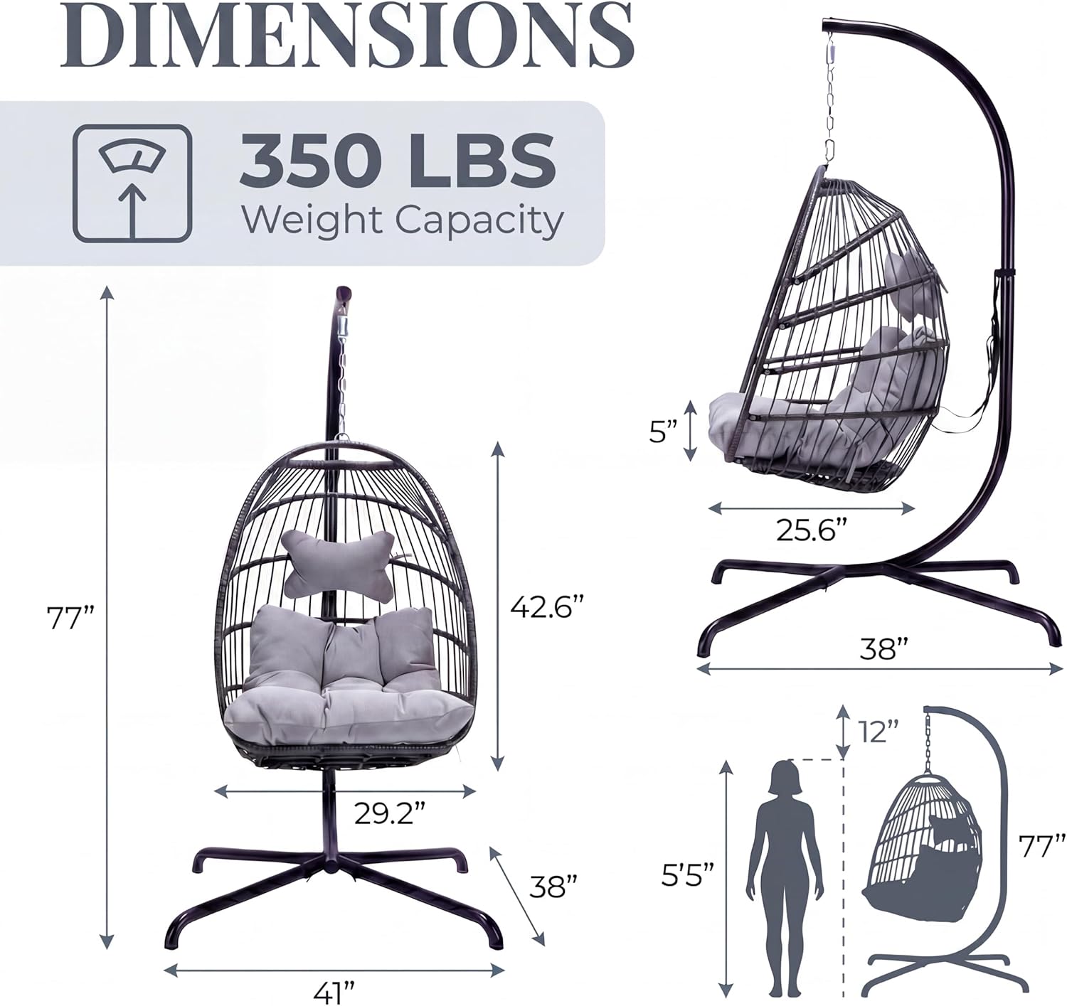 BULEXYARD Patio Egg Chair for Outside, Foldable Eggshell Swing with Stand, 350 Lbs Cushioned Hammock Chair with Comfy, Water-Resistant Wicker Hanging Basket for Balcony Garden Bedroom, Light Grey
