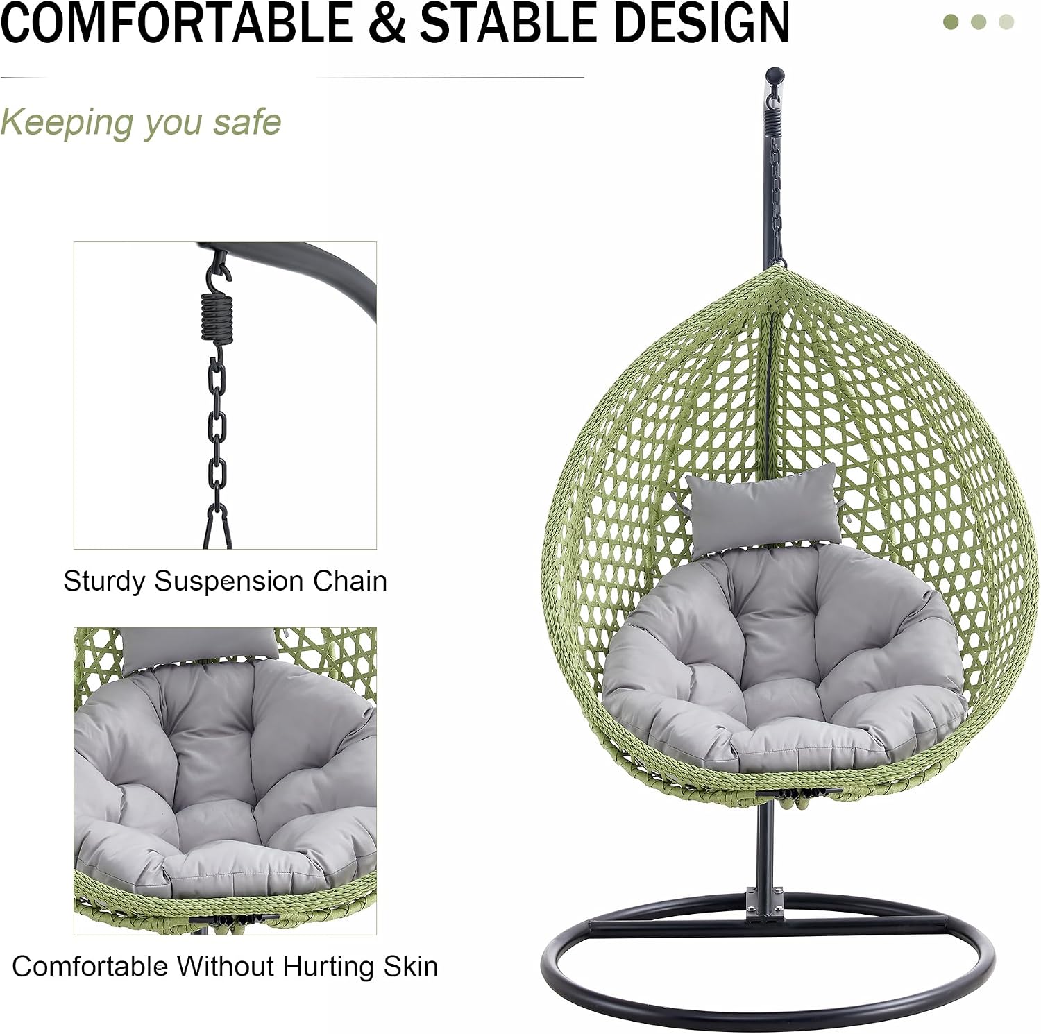 Egg Swing Chair with Stand,Green Swing Egg Chair with Stand, Rattan Hanging Egg with Soft Cushion, Outdoor Hanging with Foldable Basket and Metal Stand for Bedroom Patio