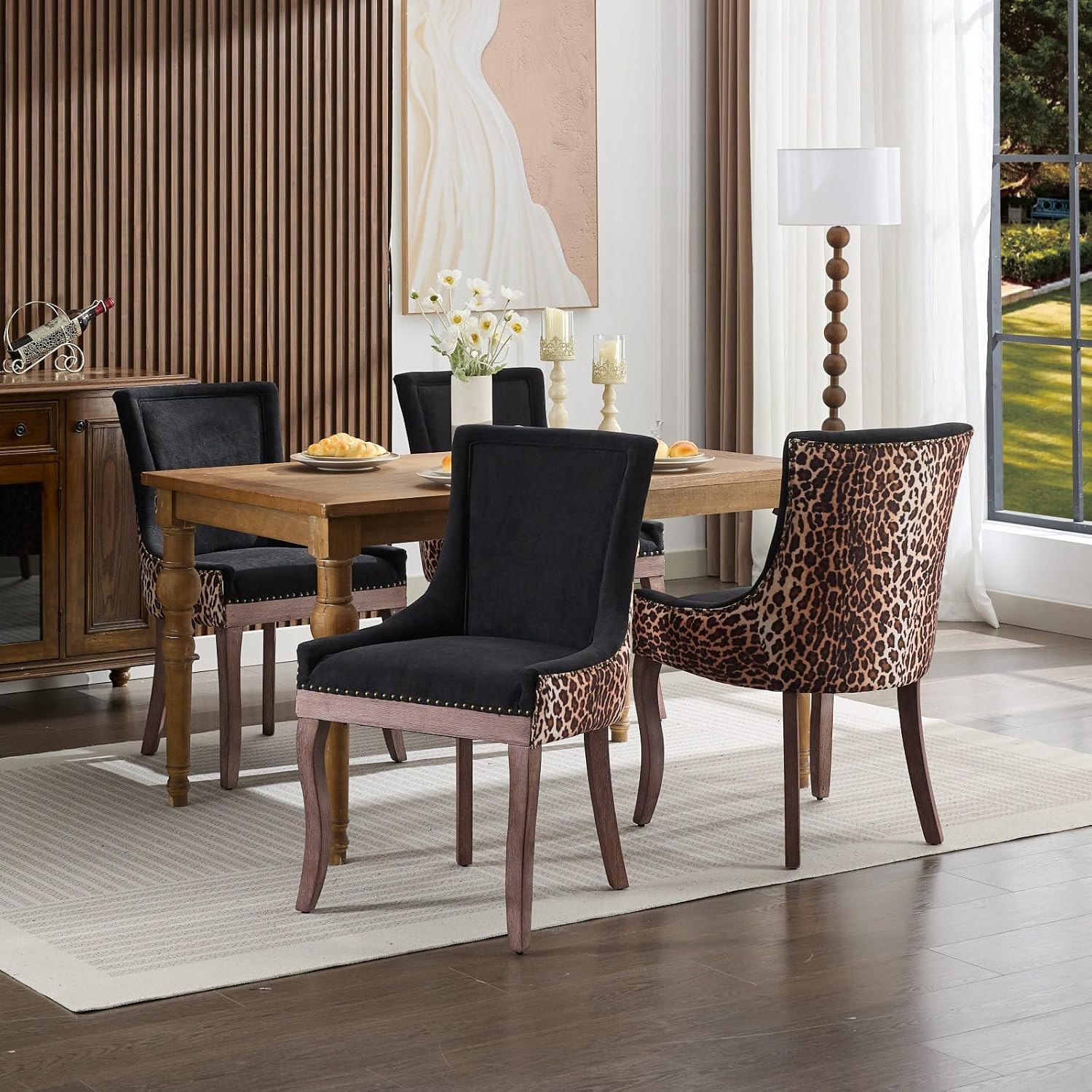 Ball & Cast Mid-century Upholstered Dining Chairs Set of 2, Thickened Fabric Wing Back Kitchen Side-Chairs with Bronze Nail Head & Toned Solid Wood Legs, Two Tone Traditional Chair,Black+Leopard Print