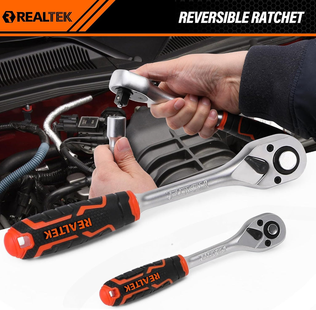 REALTEK 123 Piece Tool Set with Aluminum Case, Mechanics Tool Set with CR-V Constructed, Professional Tool Kit for Home and Car Repair