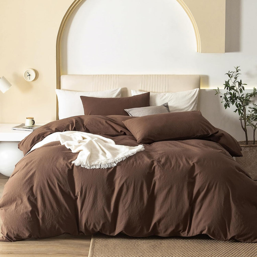 JIYUAN Oversized King Plus Duvet Cover Set, 3-Piece - 100% Washed Cotton, Linen-Like Soft & Breathable with Zipper Closure, Includes 128x120 Inch Cover & 2 Pillowcases, Solid Chocolate Brown