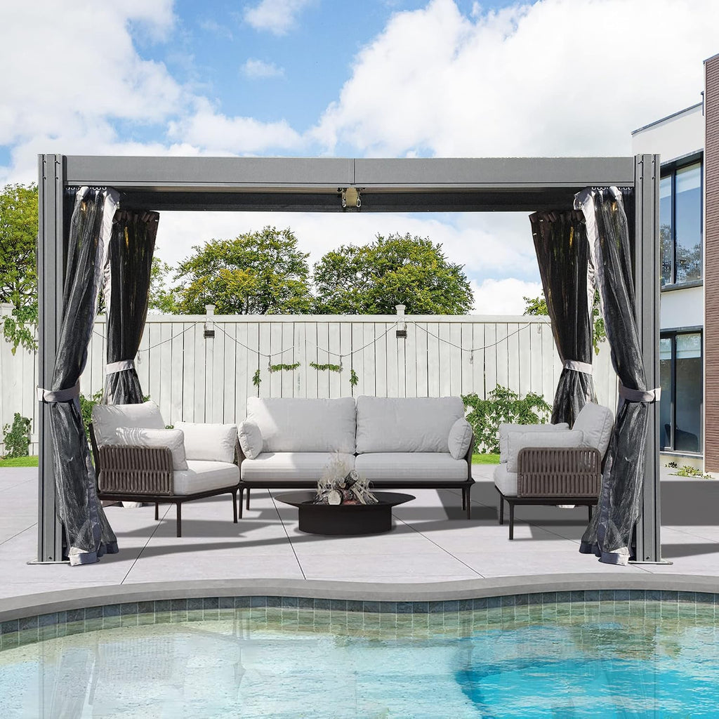 Domi Outdoor Pergola 10' x 13' Aluminum Louvered Pergola with Adjustable Roof and Mosquito Netting for Patio, Backyard, Deck, Garden, Lawns (Gray)