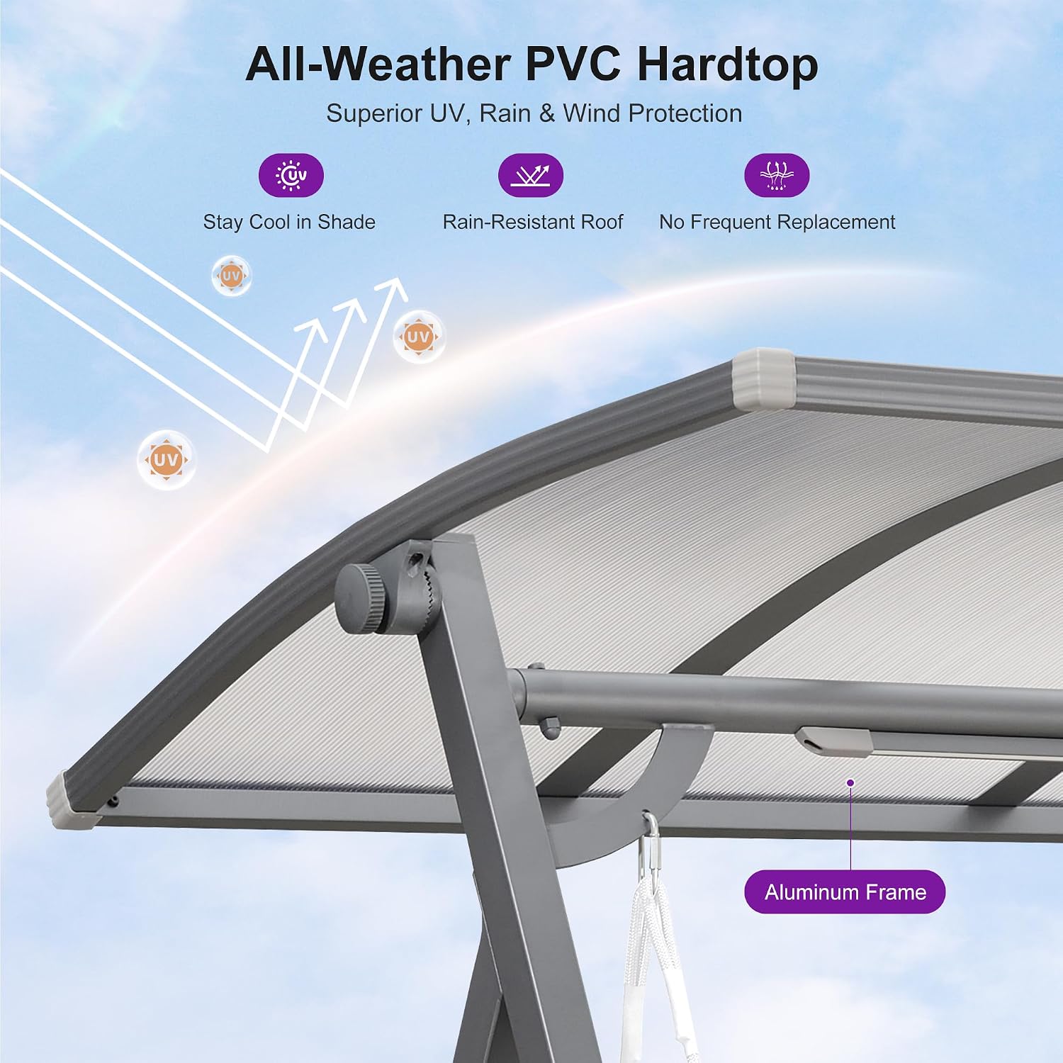 PURPLE LEAF Porch Swing 3 Person Patio Swing Chair with PVC Canopy Outdoor Deluxe Modern Yard Hammock Swinging Chairs w/Solar LED Light and Cushions for Backyard Glider Outside Loveseat Bench