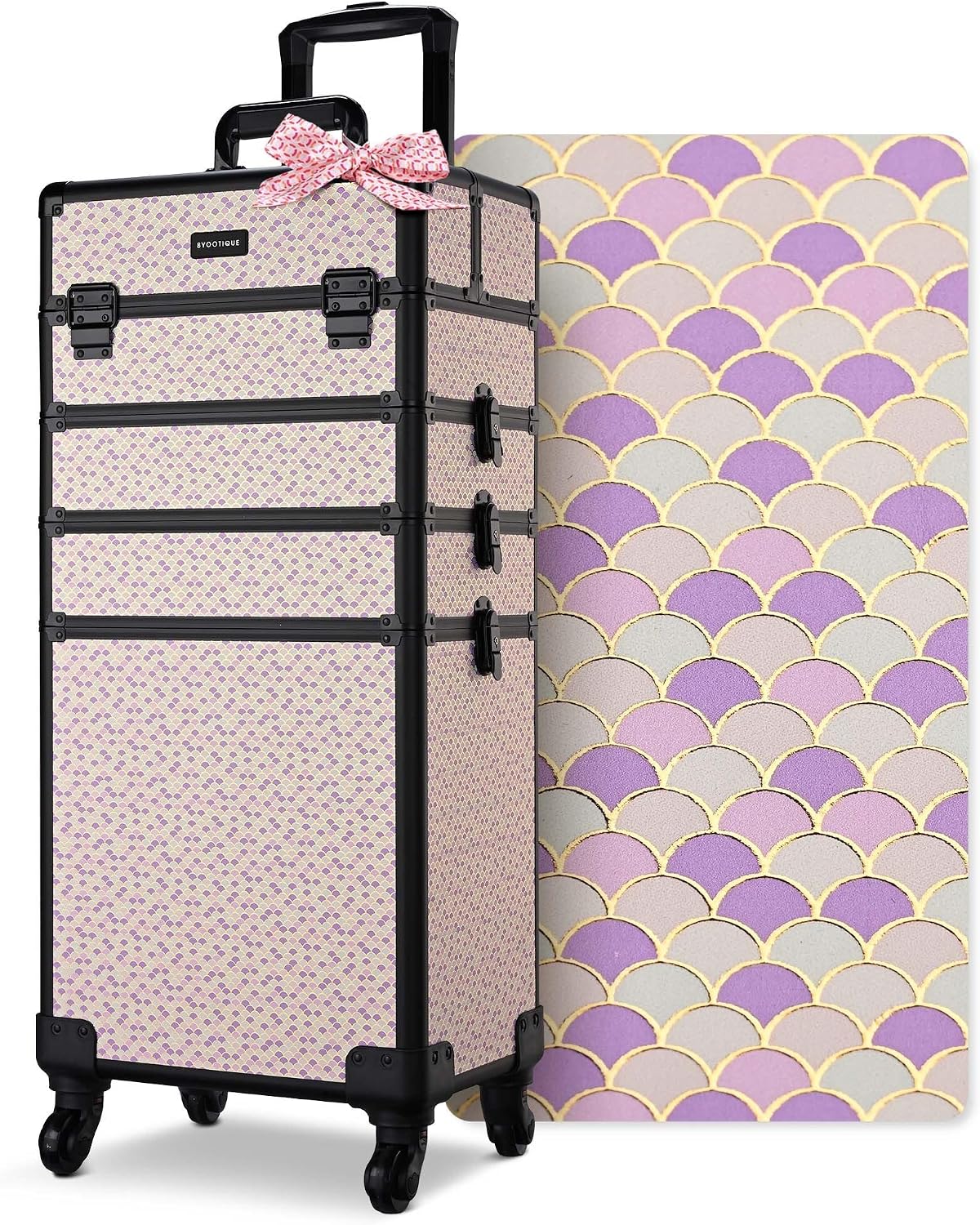 BYOOTIQUE 4in1 Rolling Makeup Case Cosmetology Case on Wheels,Large Capacity Easy Access Cosmetic Organizer Travel Case for Makeup Artist Hairstylist,Art Deco Tyrian