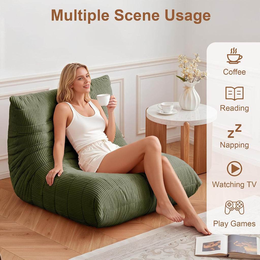 Bean Bag Chair for Adults, Giant Bean Bag Chairs with Lumbar Pillow, Oversized Corduroy Memory Foam Boneless Chair with High-Rebound, Lazy Floor Sofa for Reading Gaming Living Room Bedroom, Green
