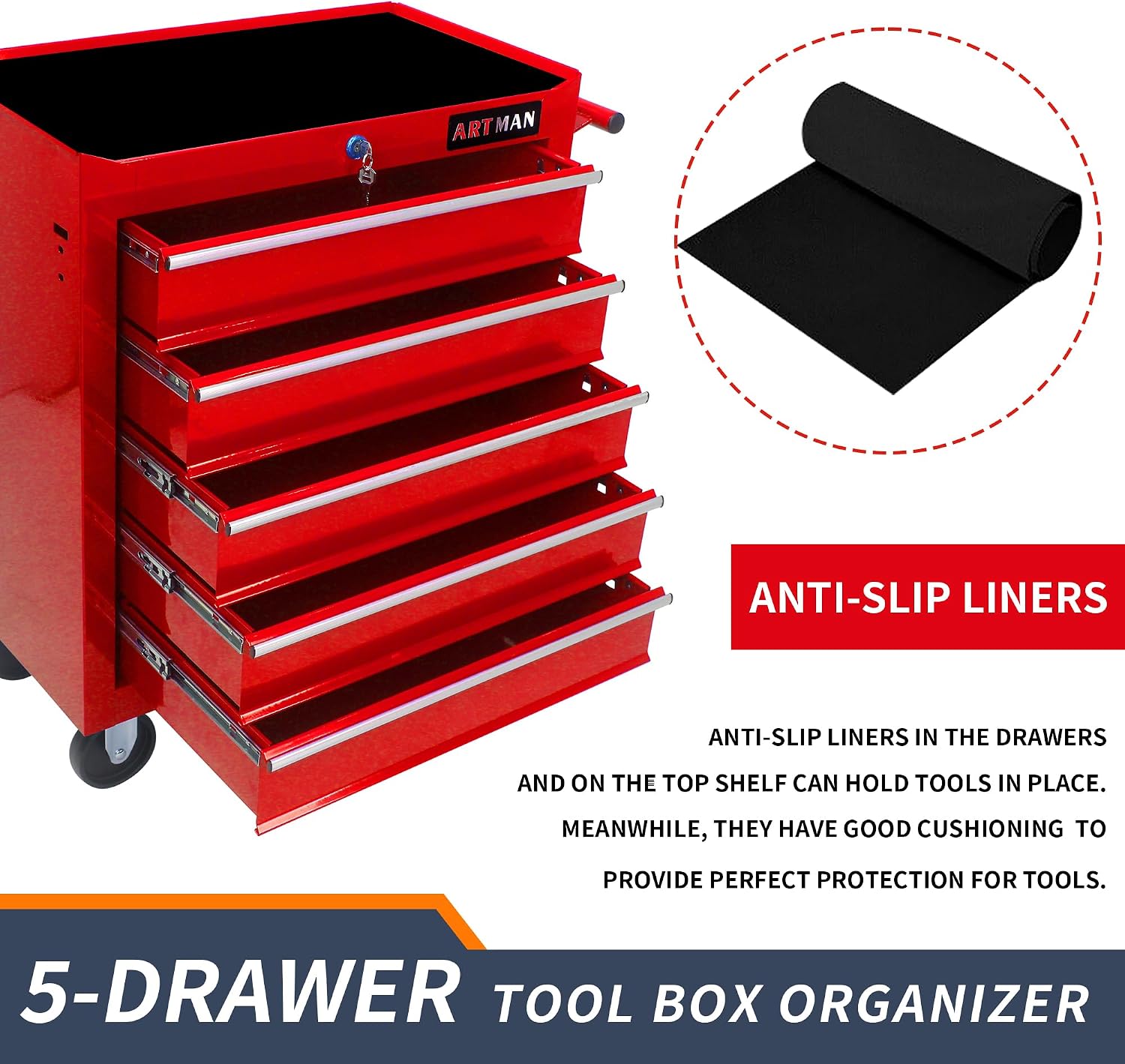 5 Drawers Rolling Tool Box，Tool Chest on Wheels, Lockable Tool Storage Cabinet Organizer Cabinet for Garage, Warehouse, Repair Shop, Workshop