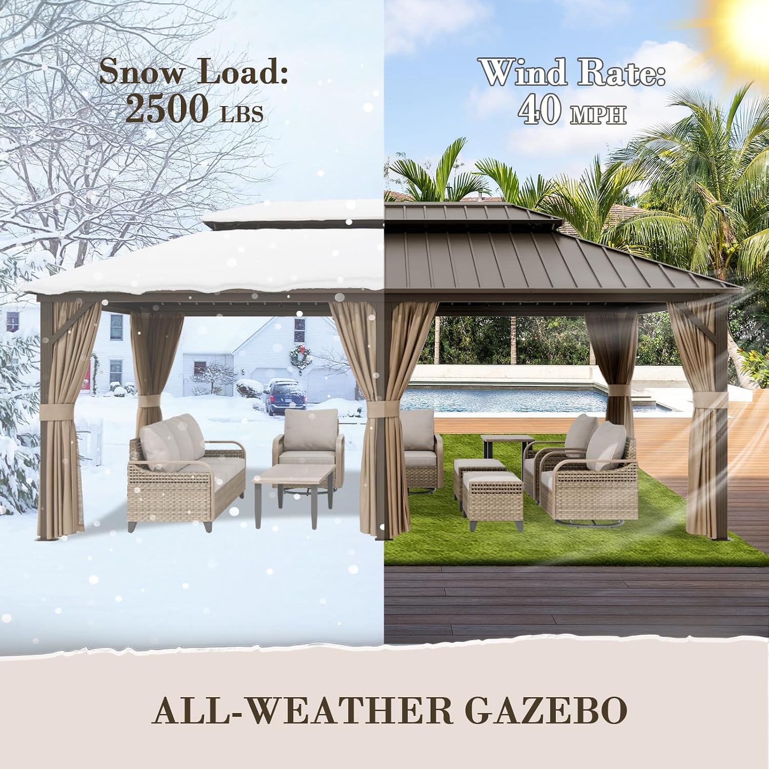 EAGLE PEAK 12x20 Hardtop Gazebo, Galvanized Steel Double Roof with Aluminum Frame, Outdoor Pavilion with Netting and Curtains for Patio, Deck, Lawn and Garden, Dark Brown/Tan