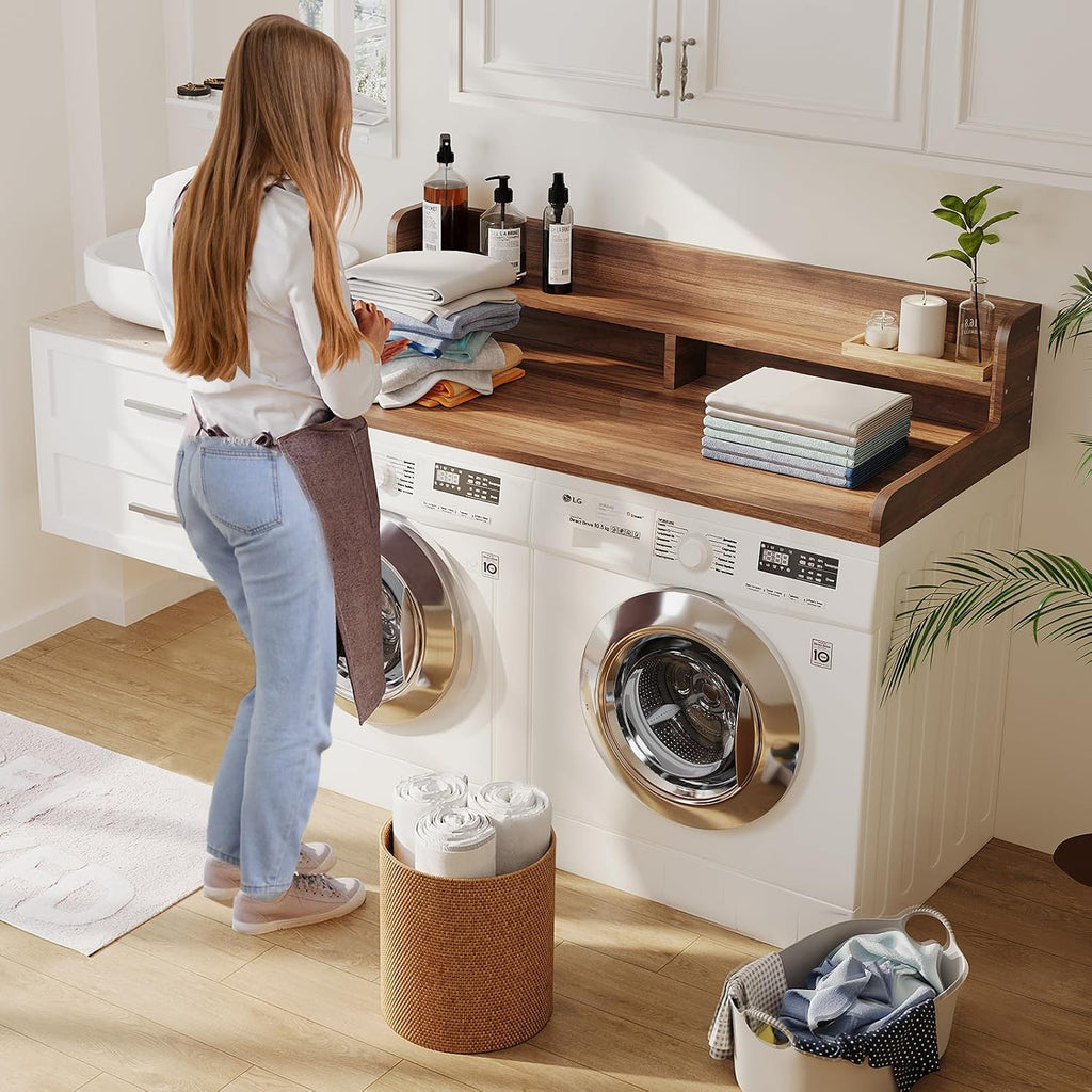 2-Tier Washer Dryer Countertop with 2.75' H Edge Rails, 58' W x 28' D Laundry Countertop for Folding Clothes, Washer and Dryer Topper with Non-Slip Pad (Dark Walnut)