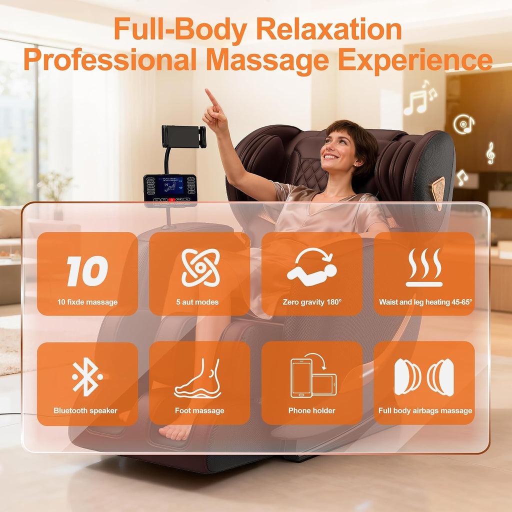 Massage Chair Full Body and Recliner, Zero Gravity Massage Chairs, 10 Fix Rollers, Airbags, Heating, Foot Massage, Auto Modes, Bluetooth Speaker and Touch Control Screen for Home and Office (Brown)