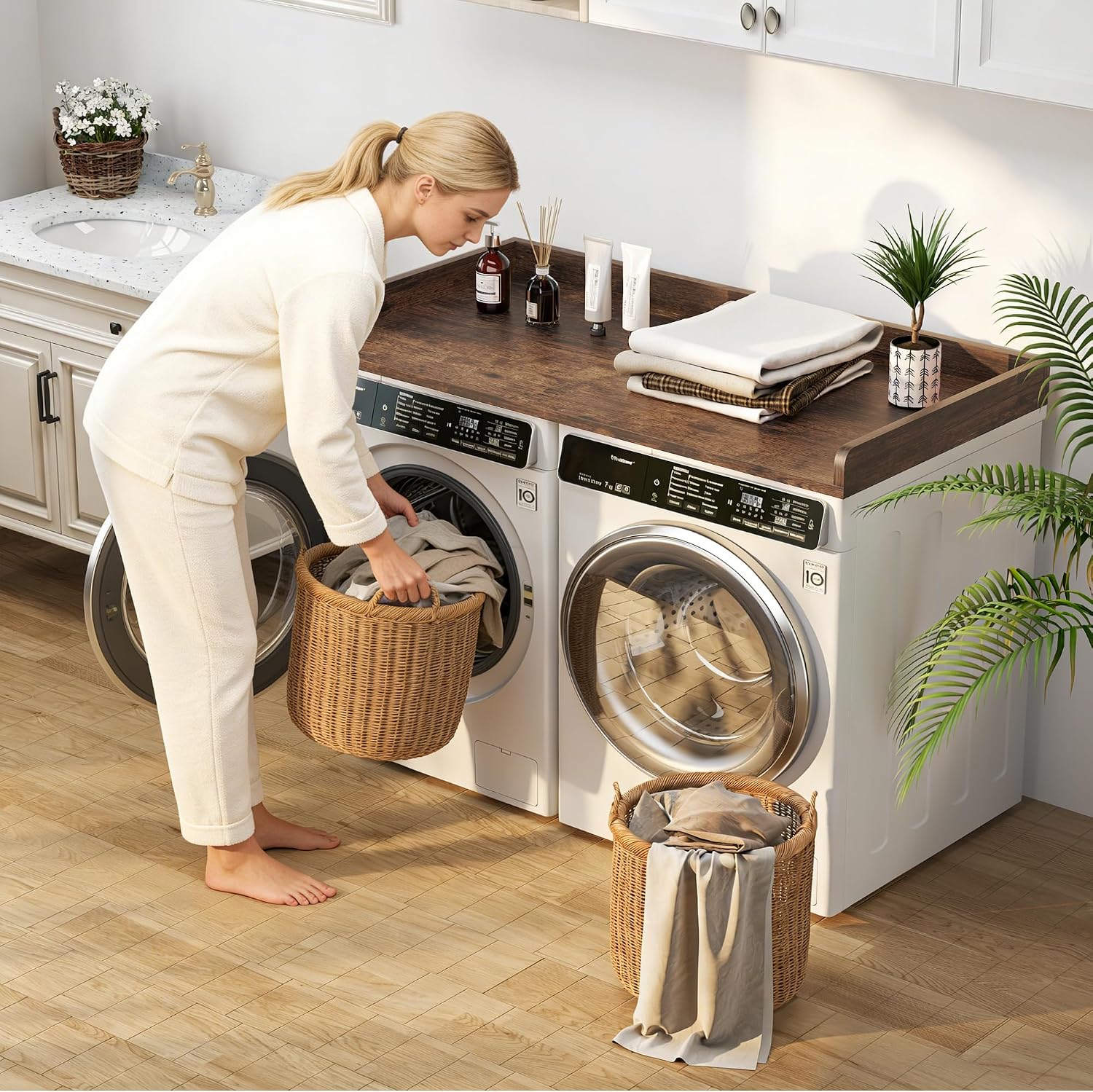 Washer Dryer Countertop, 27.5'x54' Wood Washer and Dryer Countertop with 2.95' Edge Rails, Laundry Machine Topper with Rounded Corner for Laundry Room Organization and Storage, Brown