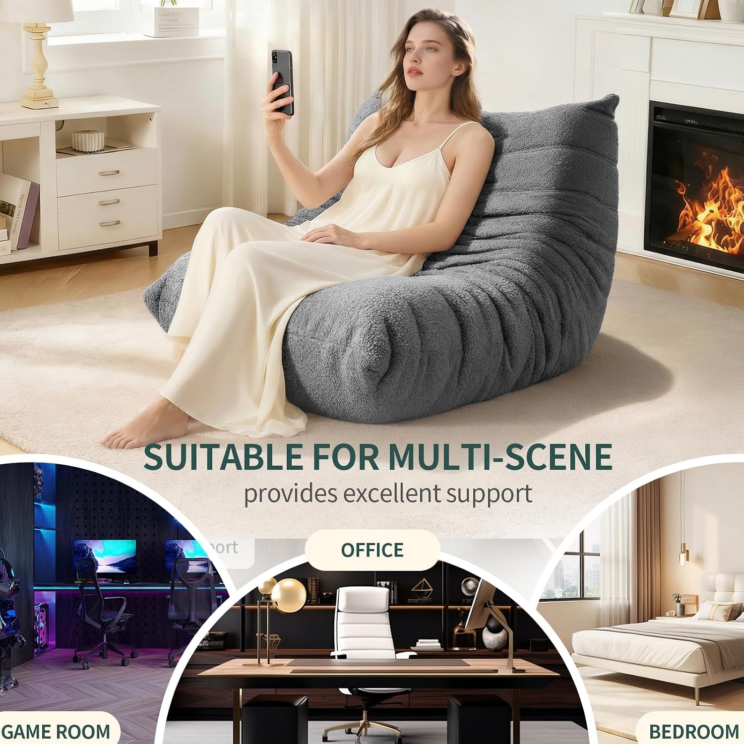 Bean Bag Chairs for Adults, Lazy Sofa Chair with Memory Foam Teddy Velvet Fabric, Large Beanbag Sofa Chair for Bedroom Living Room Dorm Office (Dark-Grey)