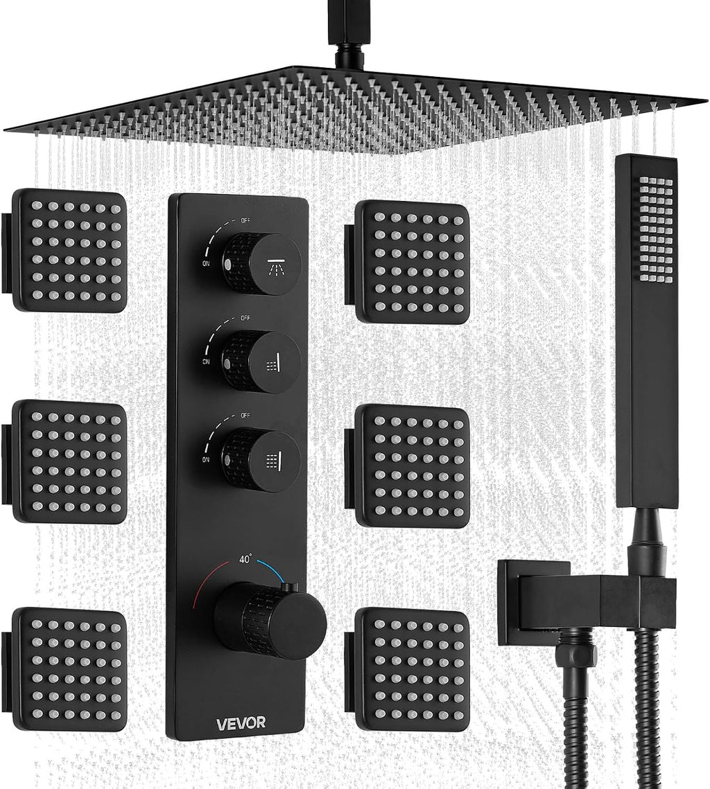 VEVOR Shower Faucet Set, 16 Inch Thermostatic Ceiling Mount Rainfall Shower System with 6 Body Jets and Handheld Spray, Rotatable 3-Function Rain Head Complete Brass Valve and Trim Kit, Matte Black