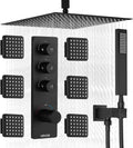 VEVOR Shower Faucet Set, 16 Inch Thermostatic Ceiling Mount Rainfall Shower System with 6 Body Jets and Handheld Spray, Rotatable 3-Function Rain Head Complete Brass Valve and Trim Kit, Matte Black