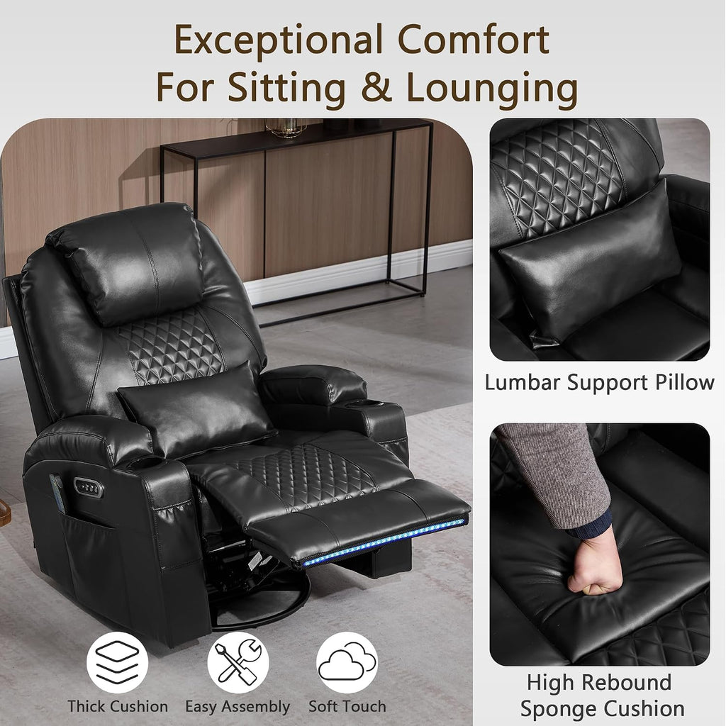 Dual Motor Power Swivel Rocker Recliner Chair with Heat and Massage,Electric Glider Rocking Chairs for Nursery,Theater Seating with LED Lights, USB A/USB C Ports for Living Room (1, Black)