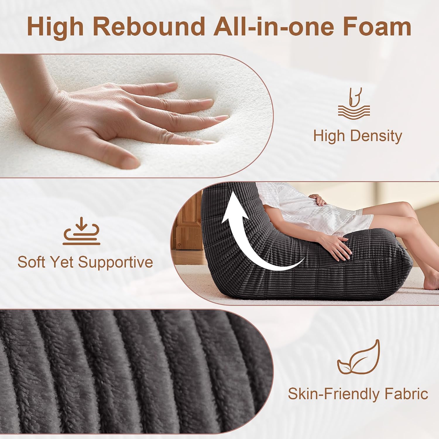 Bean Bag Chair for Adults, Giant Bean Bag Chairs with Lumbar Pillow, Oversized Corduroy Memory Foam Boneless Chair with High-Rebound, Lazy Floor Sofa for Reading Gaming Living Room Bedroom, Grey