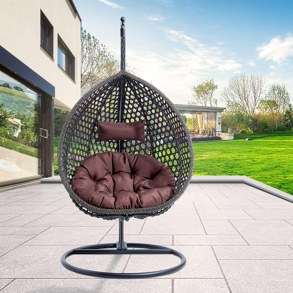 Egg Swing Chair with Stand,Black Hanging Egg Chair with Stand, Rattan Swing Egg with Soft Cushion, Outdoor Hanging with Foldable Basket & Metal Stand for Bedroom Patio (Black)