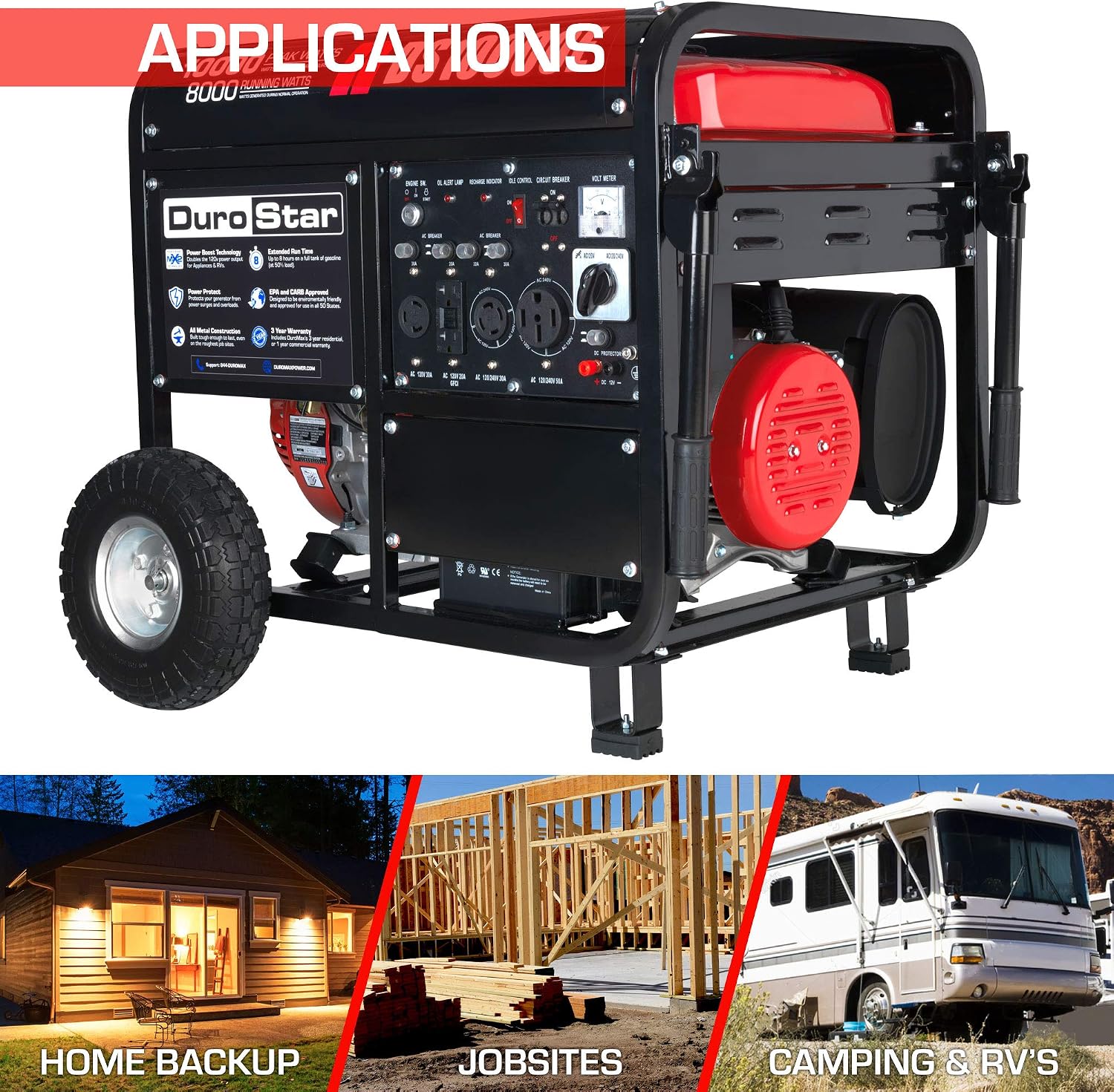 DuroStar DS10000E Gas Powered Portable Generator-10000 Watt Electric Start-Home Back Up & RV Ready, 50 State Approved, Red/Black