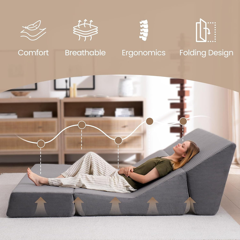 Folding Sofa Bed, Convertible Sleeper Chair with Pillows, High Support Memory Foam & Soft Corduroy Fbric, Comfy Couch Bed, Floor Loveseat Couch for Living Room, Apartment, Guest Room,Grey
