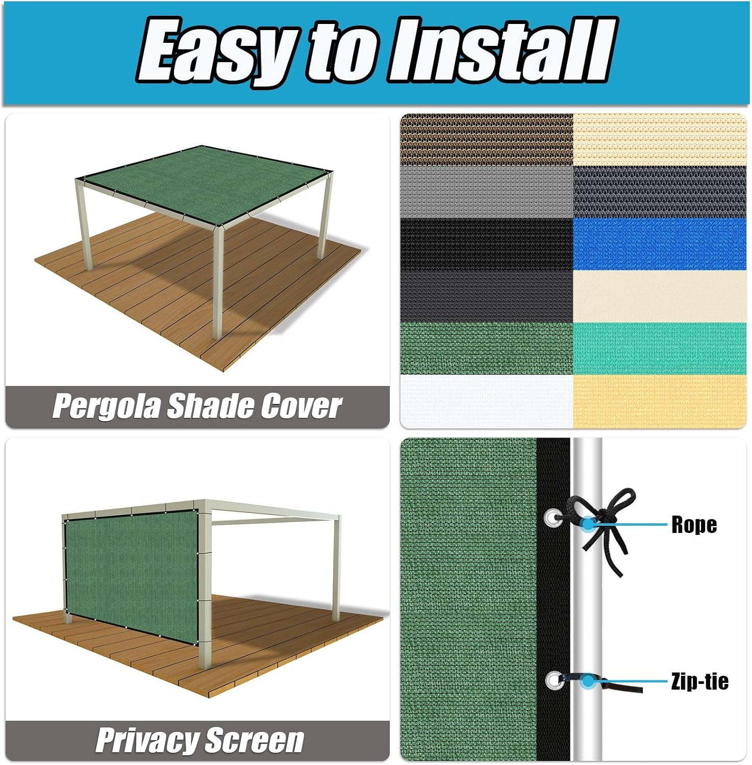 Amagenix 90% Pergola Shade Cover 12' X 20' Green Sun Shade Cloth with Grommets GN02 for Outdoor Garden Patio Porch, Commercial Grade 200 GSM - Cable Zip Ties Included (We Customized)