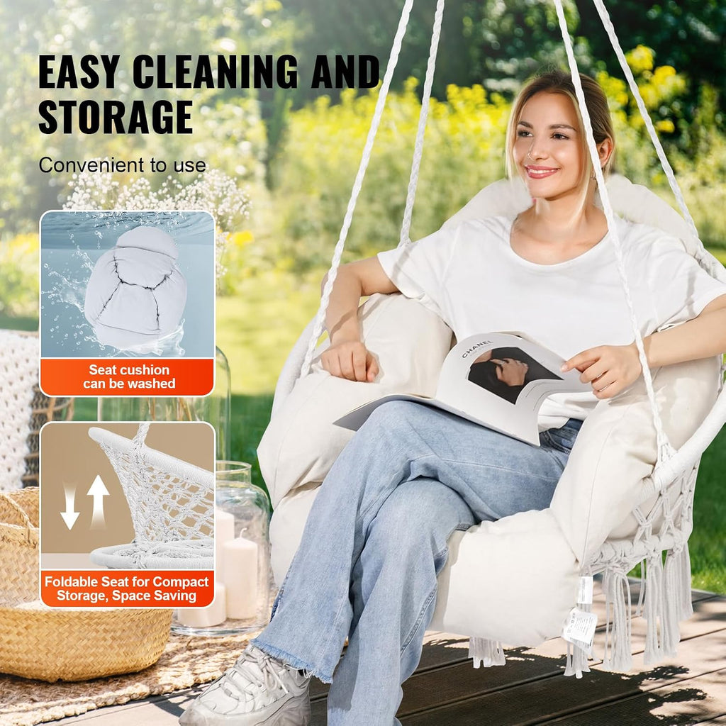 Happybuy Hanging Hammock Swing Chair, Cotton Rope with Cushion and Mounting Hardware, Macramé for Bedroom, Balcony, Patio, Garden, 264 lbs Capacity, White