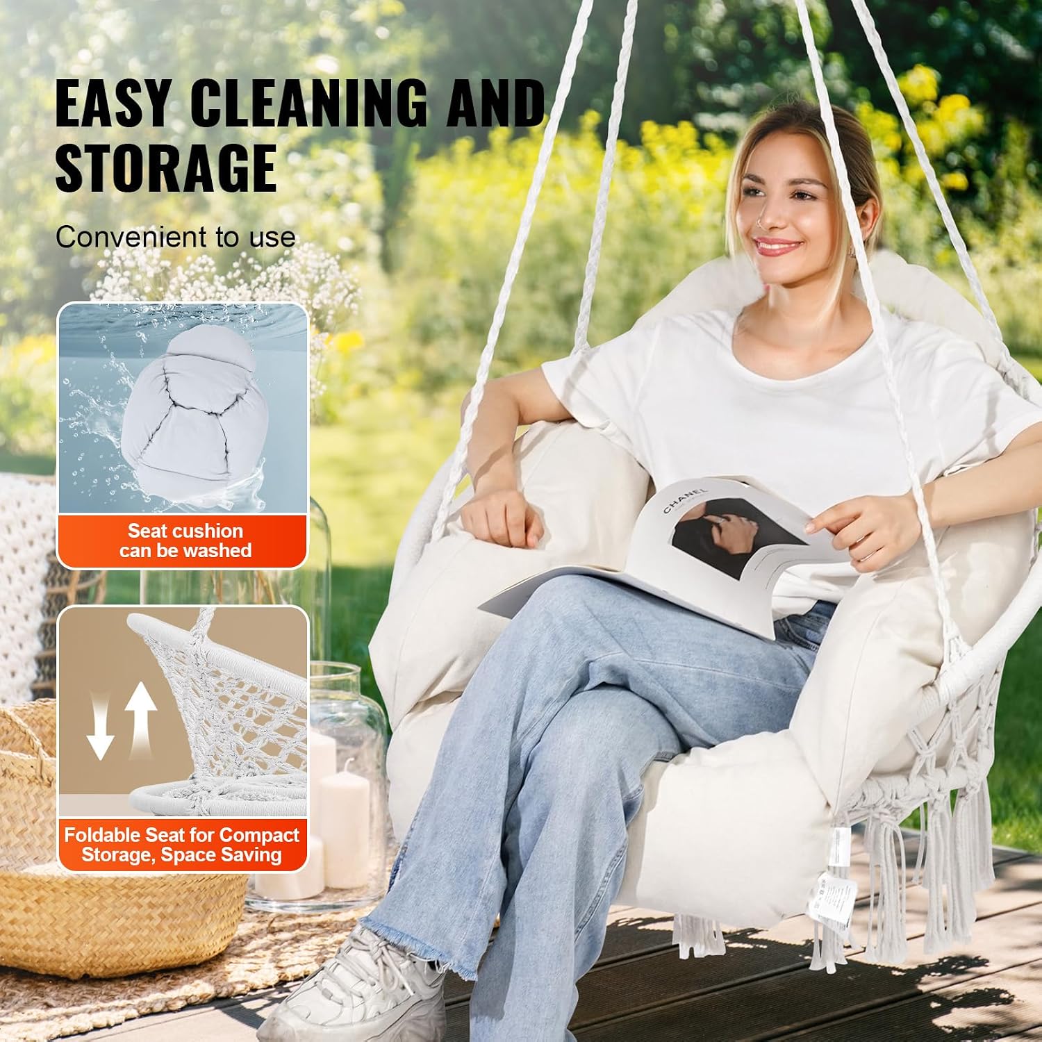 Happybuy Hanging Hammock Swing Chair, Cotton Rope with Cushion and Mounting Hardware, Macramé for Bedroom, Balcony, Patio, Garden, 264 lbs Capacity, White