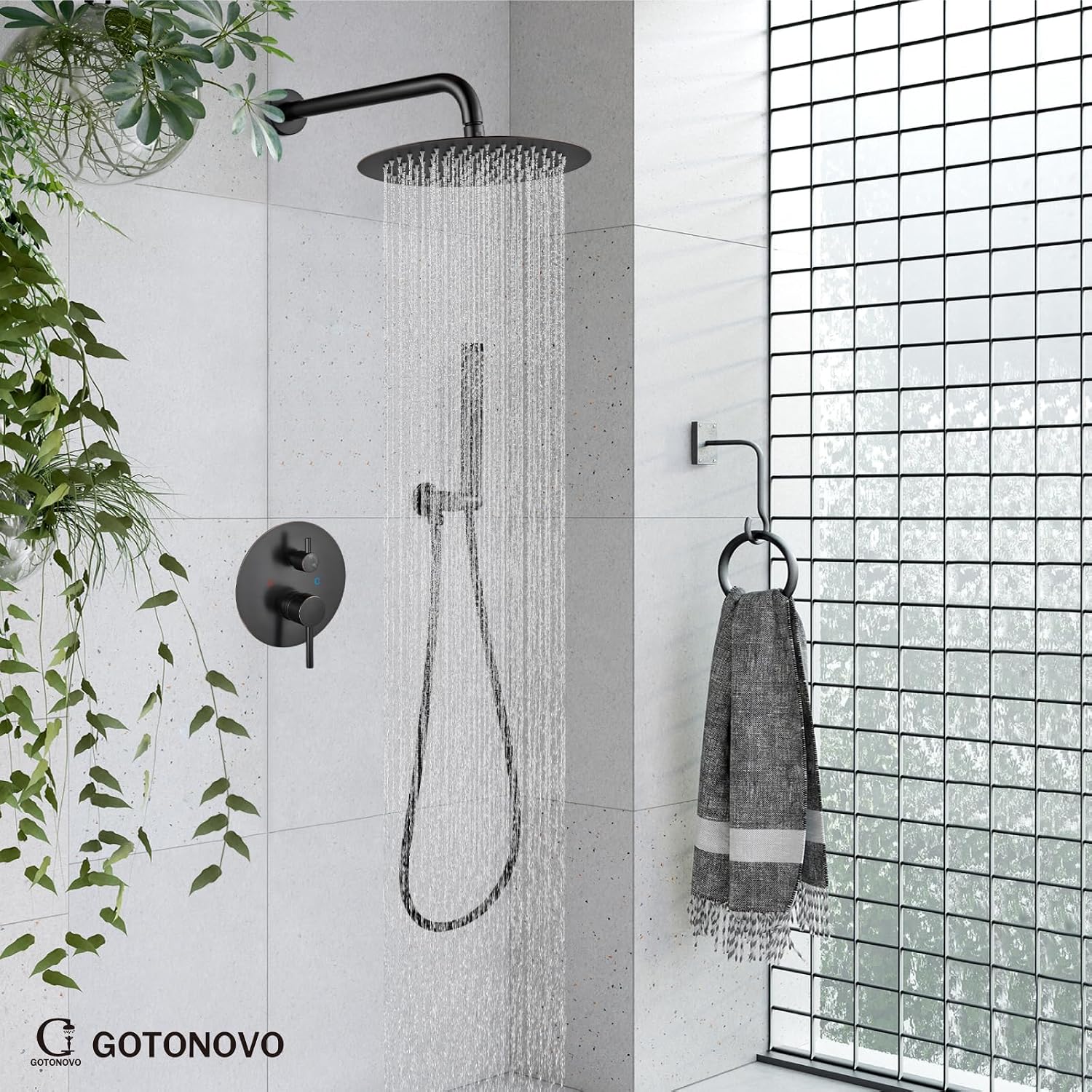 gotonovo Shower System 10 Inch Round Rainfall Showerhead Wall Mounted High Pressure Shower Faucet Set Fixture Combo with Rough in Valve and Cylindrical Handheld Spray, Oil Rubbed Bronze